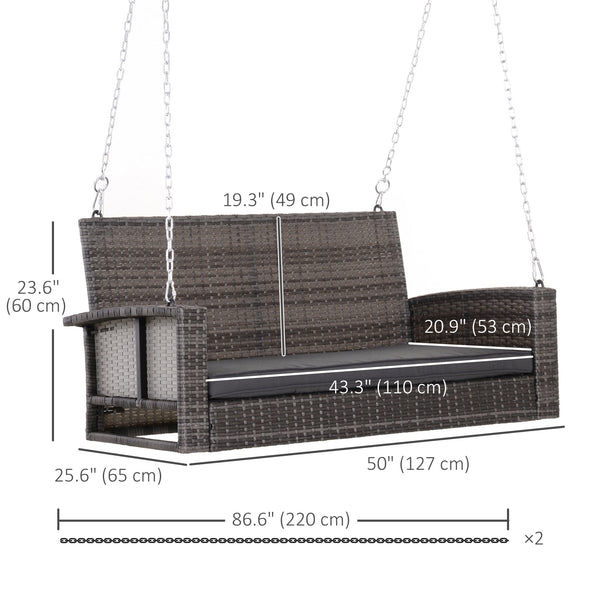 Balancelle suspendue pour 2 personnes en rotin avec coussin et chaînes en acier, grise
