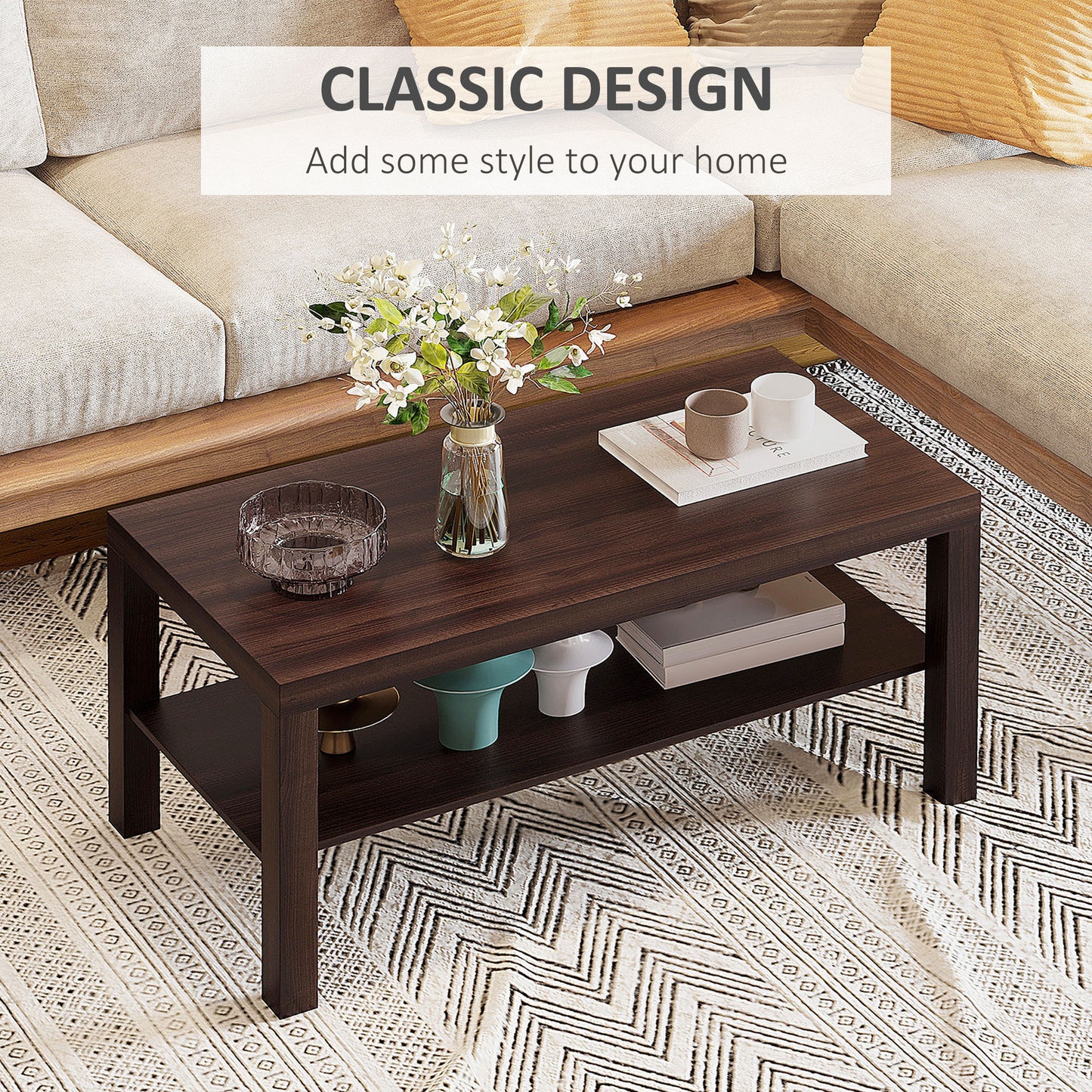 Table basse à 2 niveaux avec étagère de rangement, table centrale rectangulaire pour salon, noyer