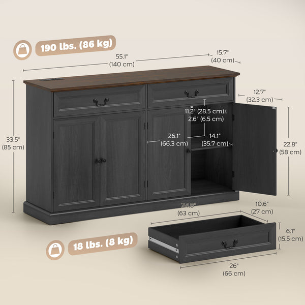 Buffet style ferme avec station de recharge, 2 tiroirs et 2 étagères réglables, finition bois gris