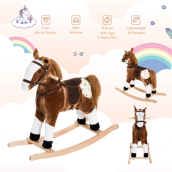 Kids Plush Rocking Horse Ride-On Toy with Realistic Sound (Brown)