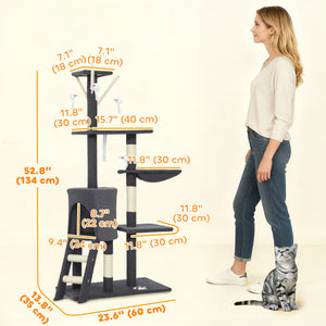 Cat tree with scratching posts, cat house, perches, ladder, hammock, hanging toys, dark grey