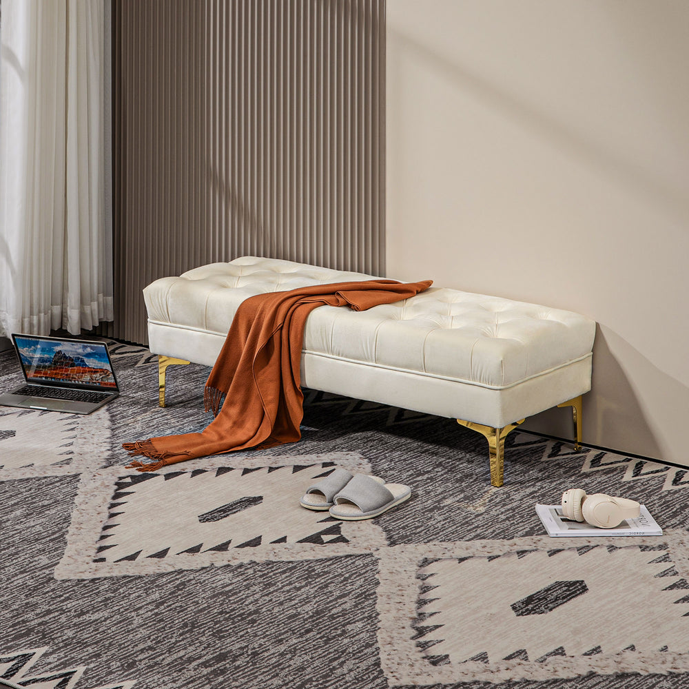 Banc de lit rembourré avec capitonnage à boutons, beige