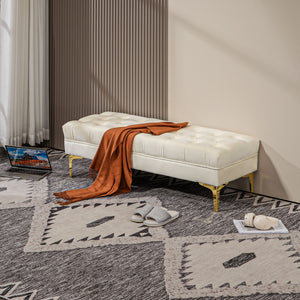 Banc de lit rembourré avec capitonnage à boutons, beige