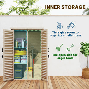 Wooden garden shed with waterproof asphalt roof, shelves, natural color