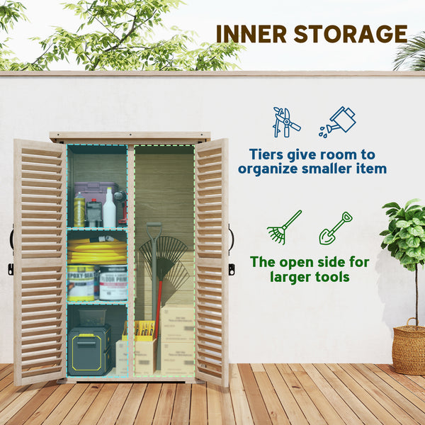 Wooden garden shed with waterproof asphalt roof, shelves, natural color