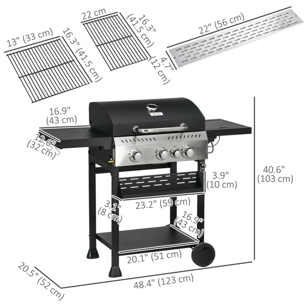 38,000 BTU propane gas barbecue with 3 main burners and 1 side burner, black