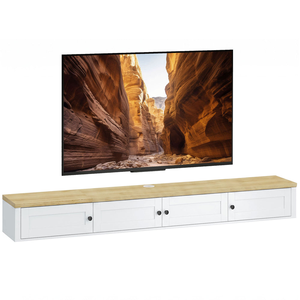 Meuble TV mural flottant 63 po avec rangement et station de recharge, blanc