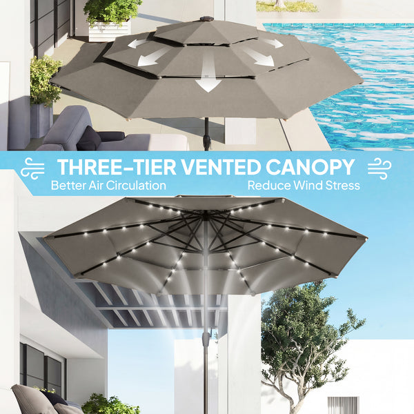 2.83m Patio Umbrella with Solar LED Lights, Cover, 3-Tier with Tilt and Crank, Grey