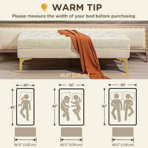 Banc de lit rembourré avec capitonnage à boutons, beige