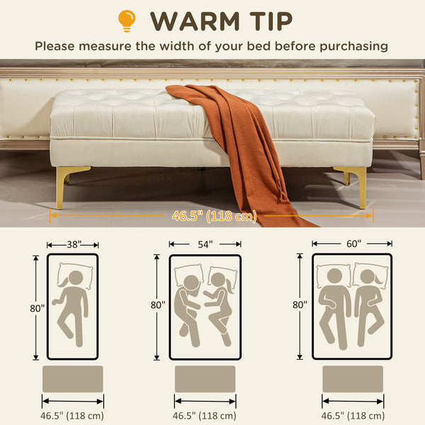 Banc de lit rembourré avec capitonnage à boutons, beige
