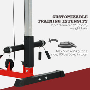 Machine à tirage vertical avec siège réglable et repose-pieds relevable, rouge