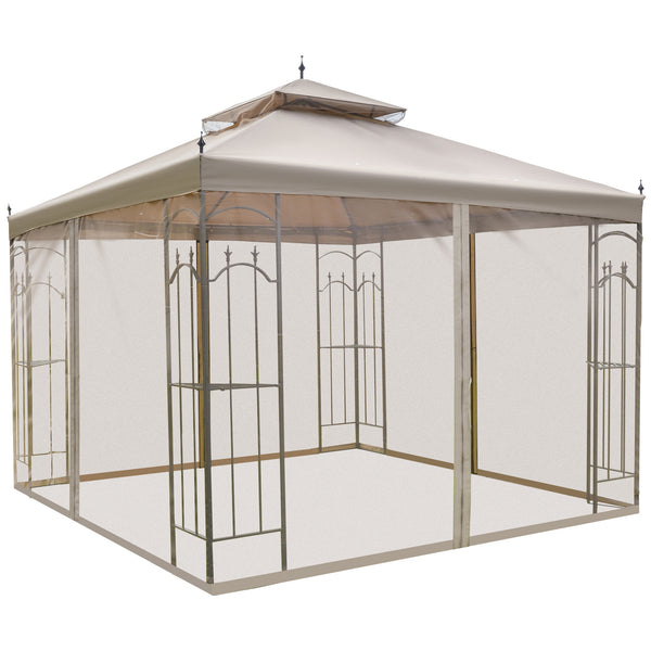 10' x 10' Steel Outdoor Patio Gazebo Canopy with Removable Mesh Curtains, Display Shelves, & Steel Frame, Brown