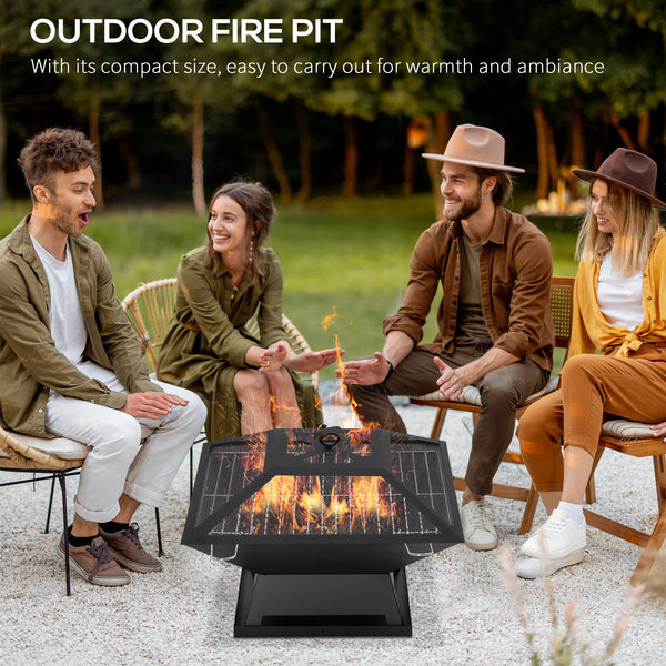 Foyer au bois avec grille de cuisson, pare-étincelles et tisonnier, noir