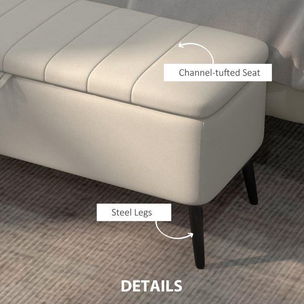 Pouf avec rangement rembourré en lin avec pieds en acier, blanc crème