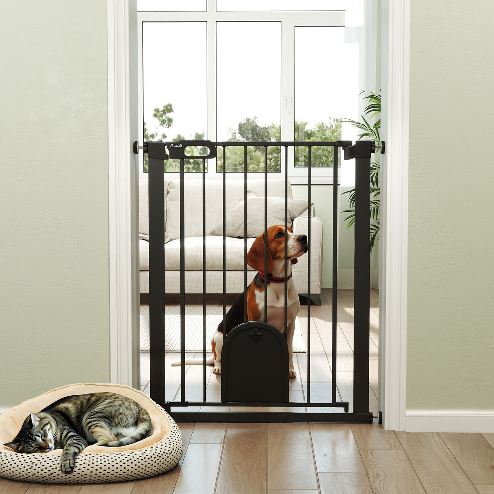 Extra-wide safety gate with small door, black