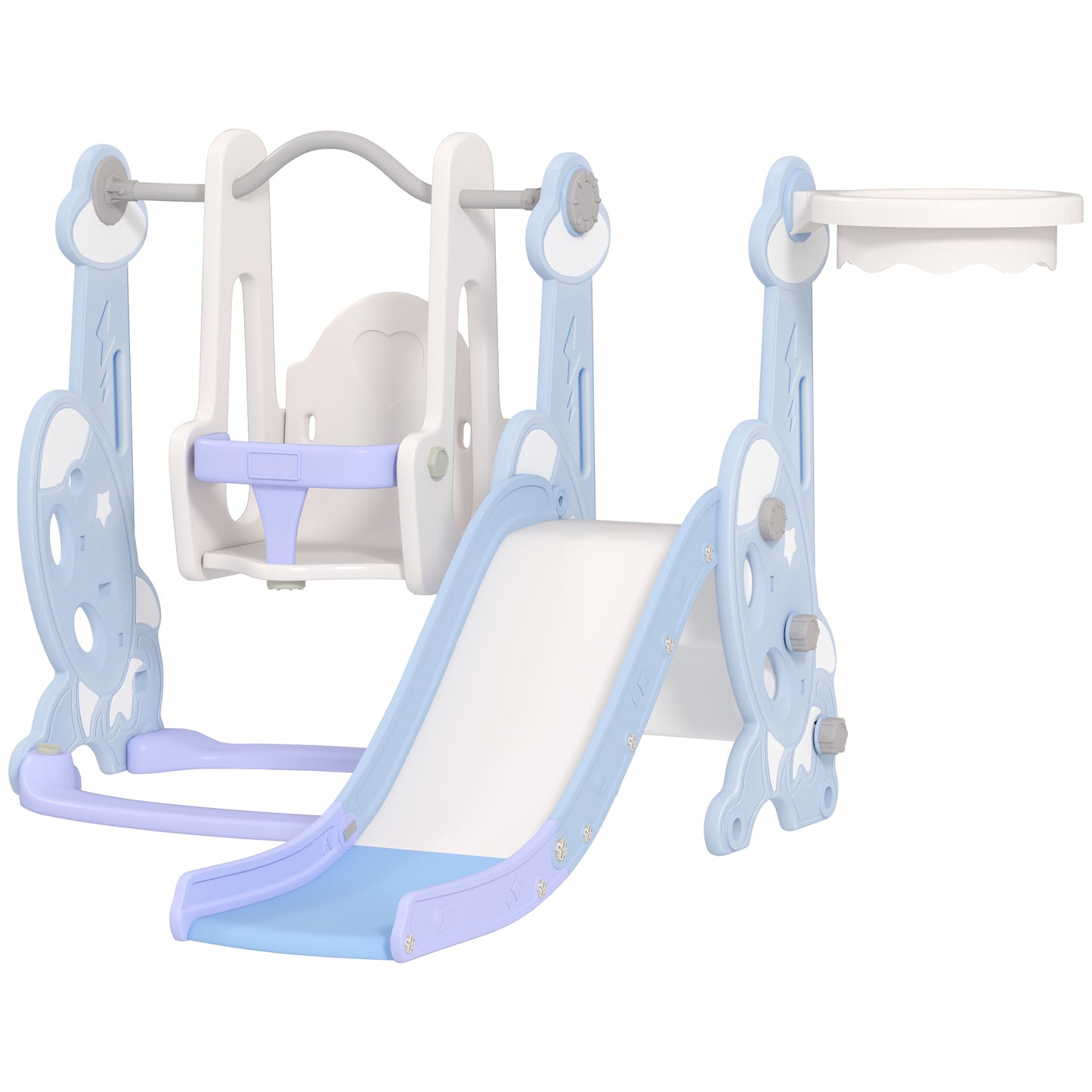 4-in-1 Slide and Swing Set with Basketball Hoop and Climber, for Boys and Girls Ages 1.5-4, Rocket Theme, Light Blue