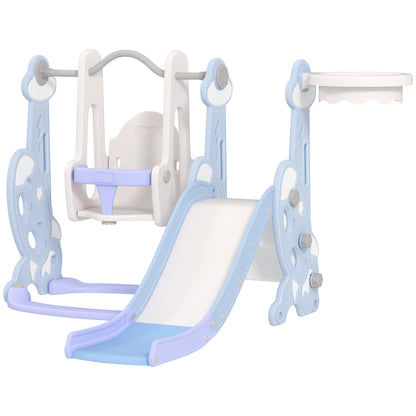 4-in-1 Slide and Swing Set with Basketball Hoop and Climber, for Boys and Girls Ages 1.5-4, Rocket Theme, Light Blue