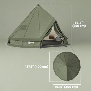 Waterproof teepee tent with stove jack, ideal for 4 to 6 people for camping or hiking, khaki