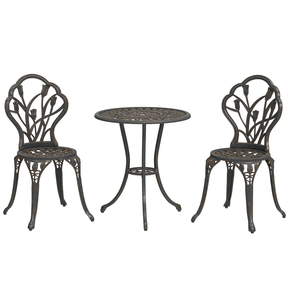 3PCs Patio Bistro Set, Outdoor Cast Aluminum Garden Table and Chairs with Umbrella Hole for Balcony, Bronze