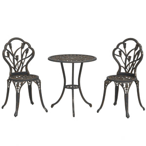 3PCs Patio Bistro Set, Outdoor Cast Aluminum Garden Table and Chairs with Umbrella Hole for Balcony, Bronze