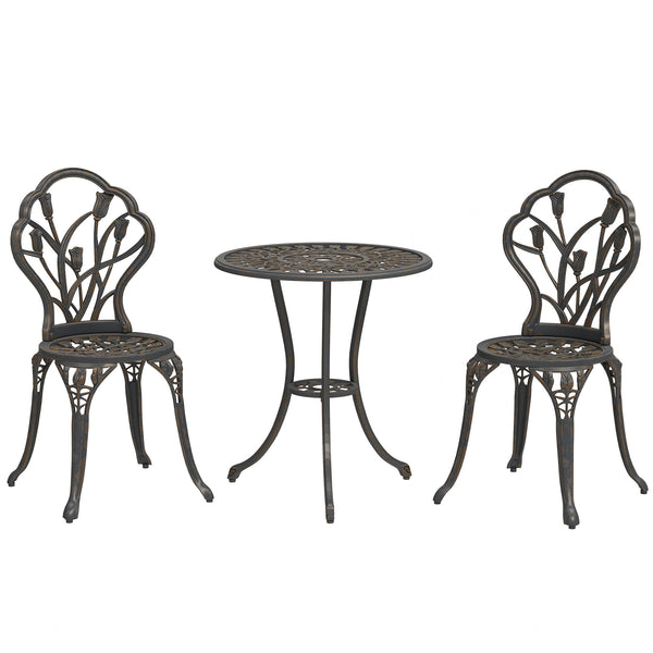 3PCs Patio Bistro Set, Outdoor Cast Aluminum Garden Table and Chairs with Umbrella Hole for Balcony, Bronze