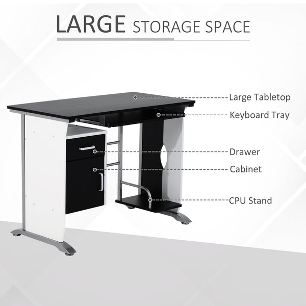 Bureau d'ordinateur avec plateau pour clavier et support pour unité centrale, noir et blanc
