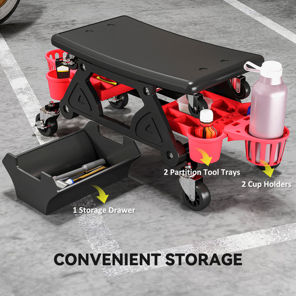 Padded rolling garage stool with tool storage, black.