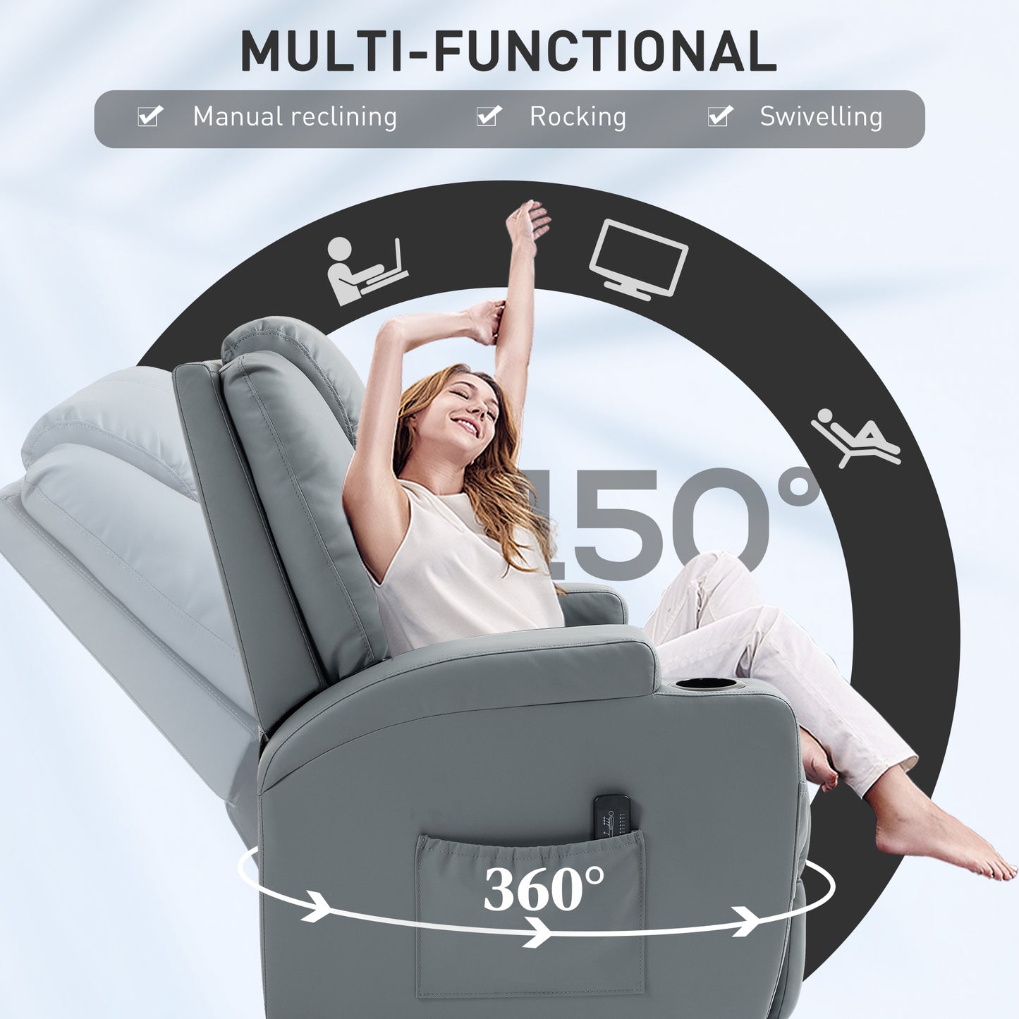 Fauteuil massant inclinable manuel pivotant avec 8 points de vibration et porte-gobelets, gris clair