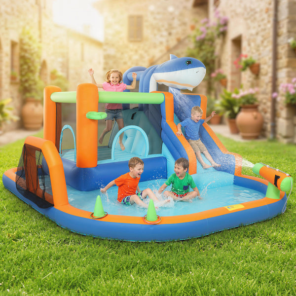 Château gonflable pour enfants, thème requins, avec toboggan et piscine, pour intérieur et extérieur, bleu