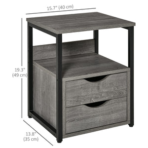 Table de chevet avec 2 tiroirs et étagère de rangement, gris