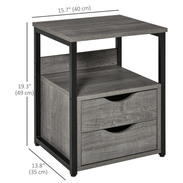 Table de chevet avec 2 tiroirs et étagère de rangement, gris