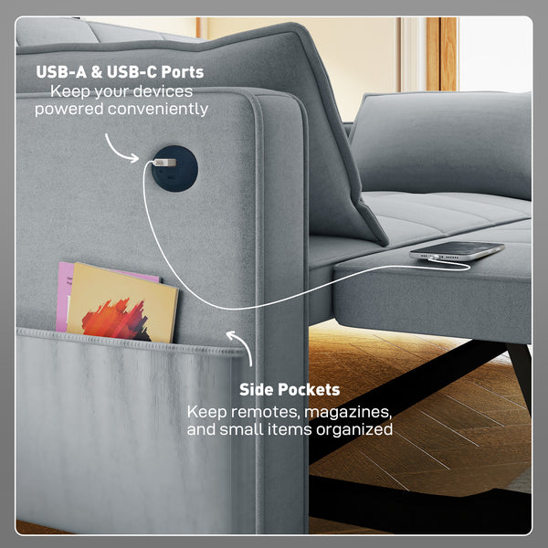 Canapé-lit convertible 3 en 1 avec port USB, dossier réglable et poches latérales, gris clair.