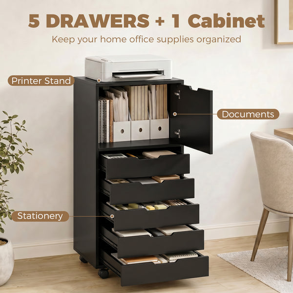 File Cabinet on Wheels Mobile Printer Stand with 5 Drawers for Home Office Black