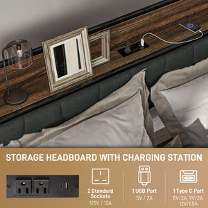 Cadre de lit Queen Size avec station de charge, tête de lit rembourrée et étagère de rangement, noyer