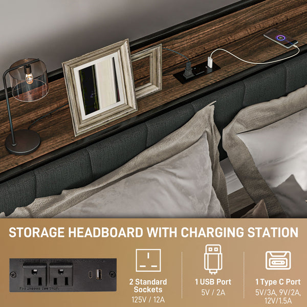 Cadre de lit Queen Size avec station de charge, tête de lit rembourrée et étagère de rangement, noyer