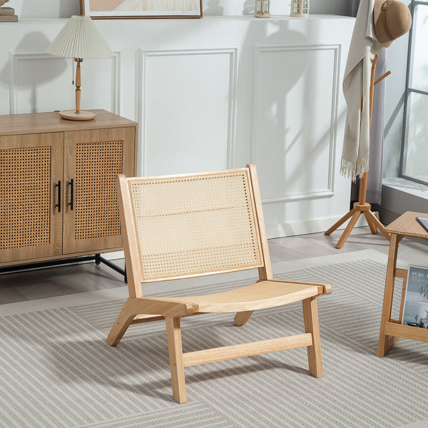Fauteuil d'appoint en rotin avec cadre en bois d'hévéa, couleur naturelle