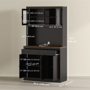 Armoire de rangement avec espace micro-ondes, buffet avec huche, 2 tiroirs, étagères réglables et portes vitrées, noir