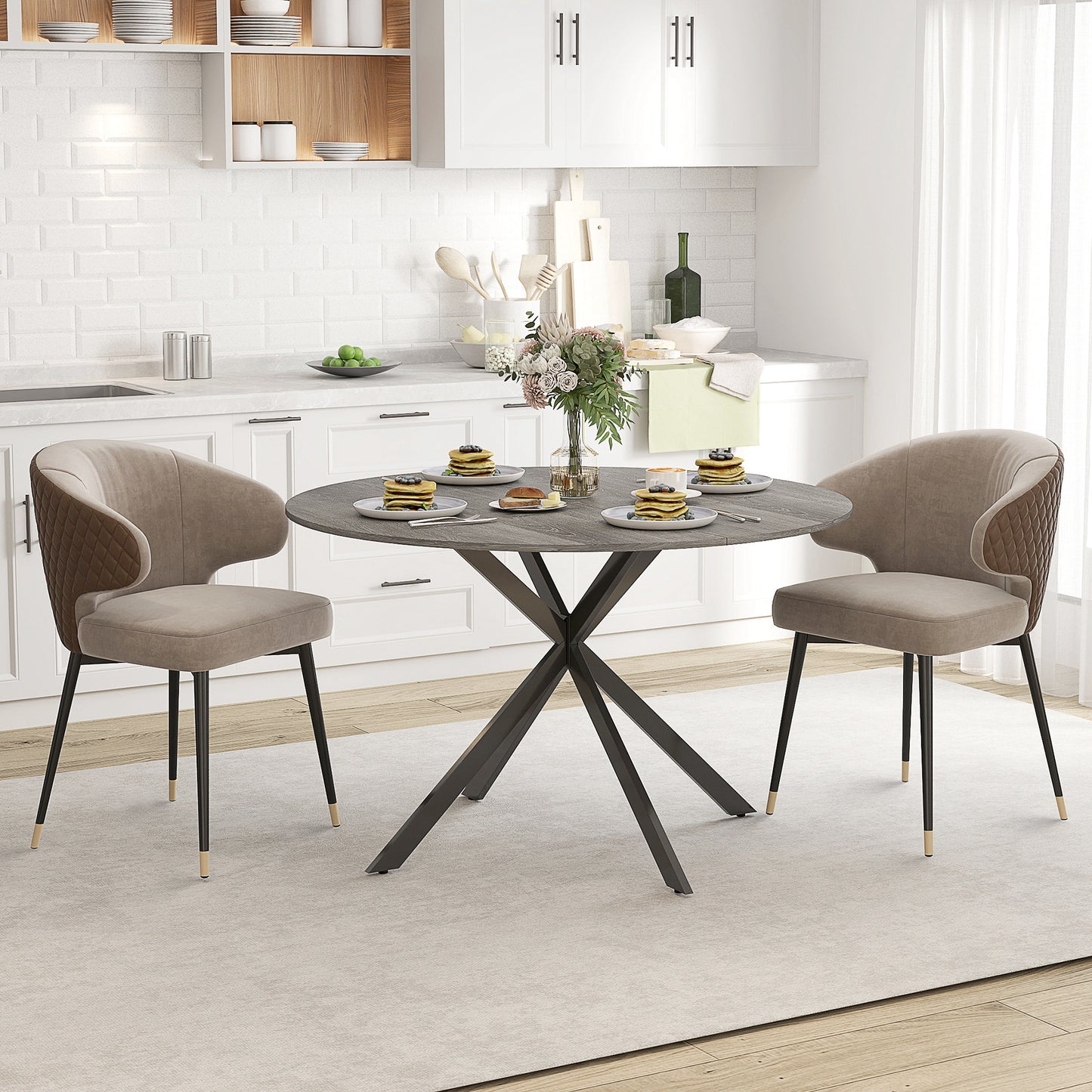 Table de cuisine ronde pour 4 personnes avec pieds en acier, grain de bois gris et noir