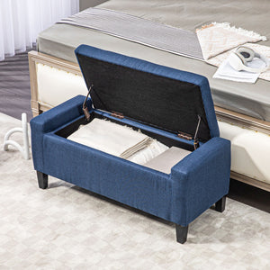 Banc ottoman de rangement rembourré en lin avec motif capitonné, bleu foncé