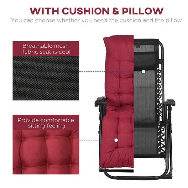 Lot de 2 chaises inclinables zéro gravité avec coussin et appui-tête, rouge vin