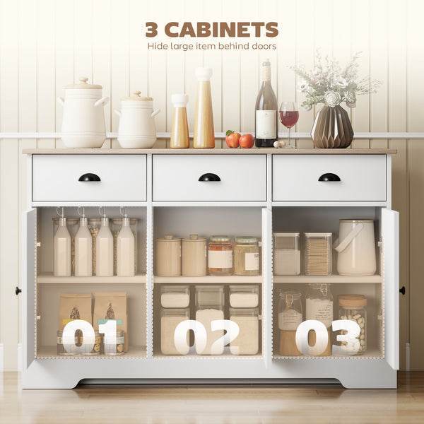 Country-style buffet, with 3 sliding doors and 3 drawers, white, ideal for the living room and kitchen.
