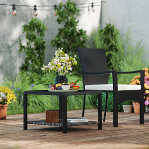 Table basse d'extérieur avec plateau en verre trempé et étagère de rangement pour terrasse, jardin et balcon, noire