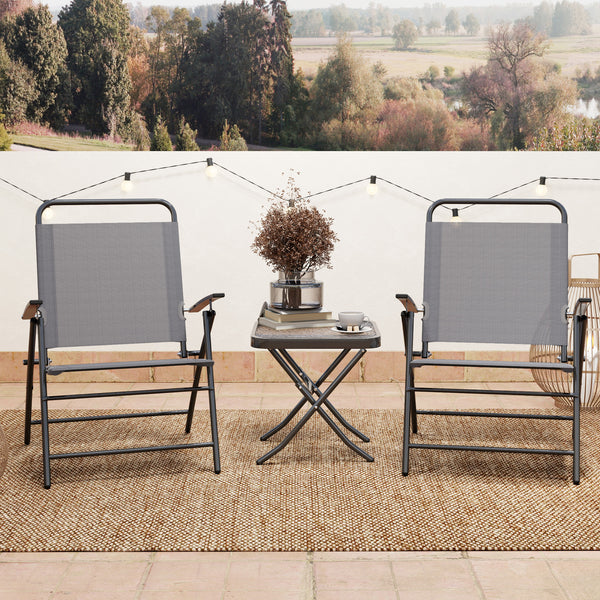 Ensemble bistro pliant avec chaises à dossier réglable et table à plateau en verre, gris