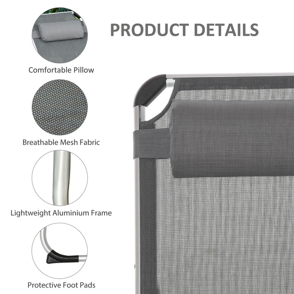 Folding Lounge Chair, Patio Lounger with Headrest, 5-Level Adjustable Backrest, and Aluminum Frame, Grey