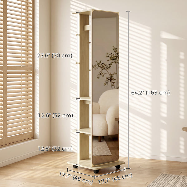 Miroir sur pied en verre trempé, monté sur roulettes, avec étagères de rangement et patères, en bois naturel.