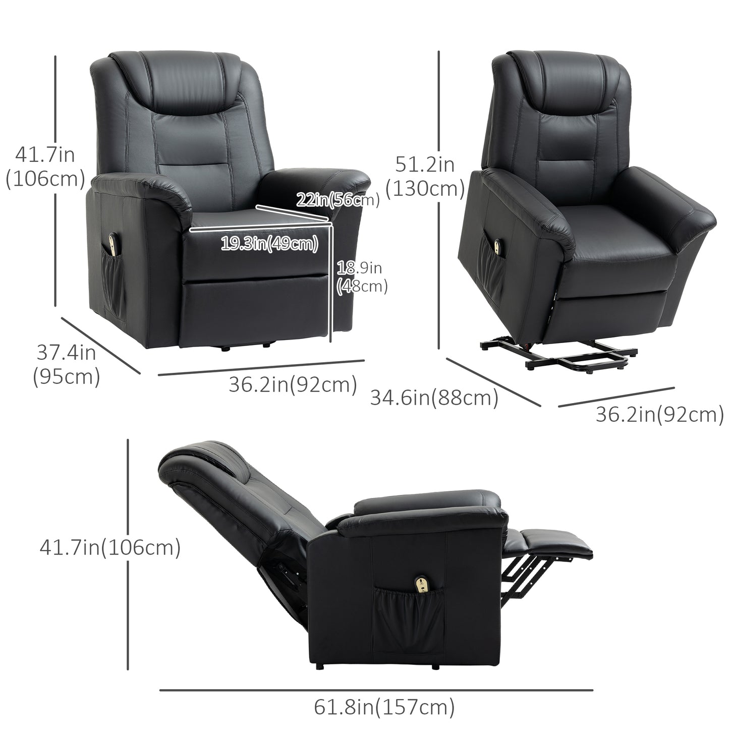 Fauteuil releveur électrique inclinable en cuir synthétique avec repose-pieds et télécommande, poches latérales, noir