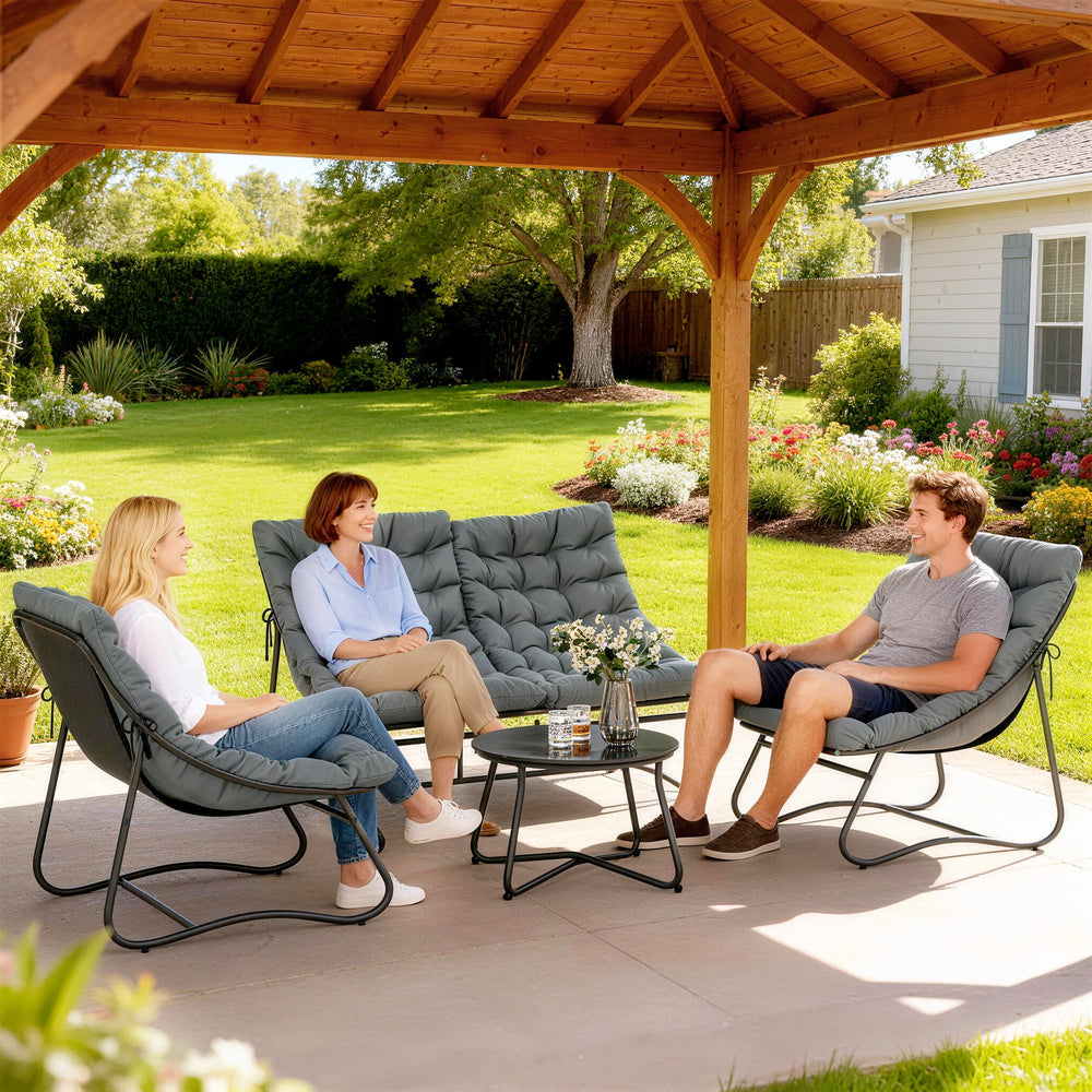 Ensemble de mobilier de patio 4 pièces, causeuse, chaises, table ronde en métal, coussins, gris