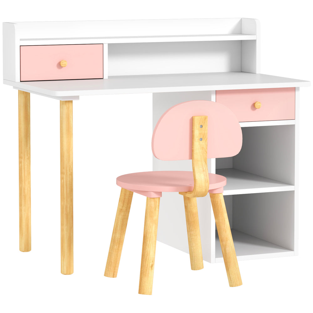Kids Study Table and Chair Set with Storage and Shelves, for 3-8 Year Olds, Pink