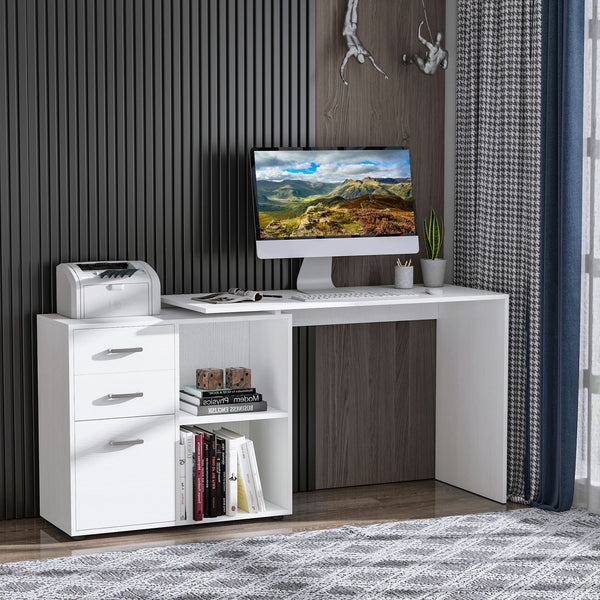 Bureau d'angle en L avec étagère de rangement, tiroir, blanc