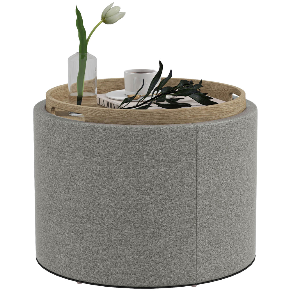 Table basse ronde avec rangement dissimulé et plateau rembourré en lin gris